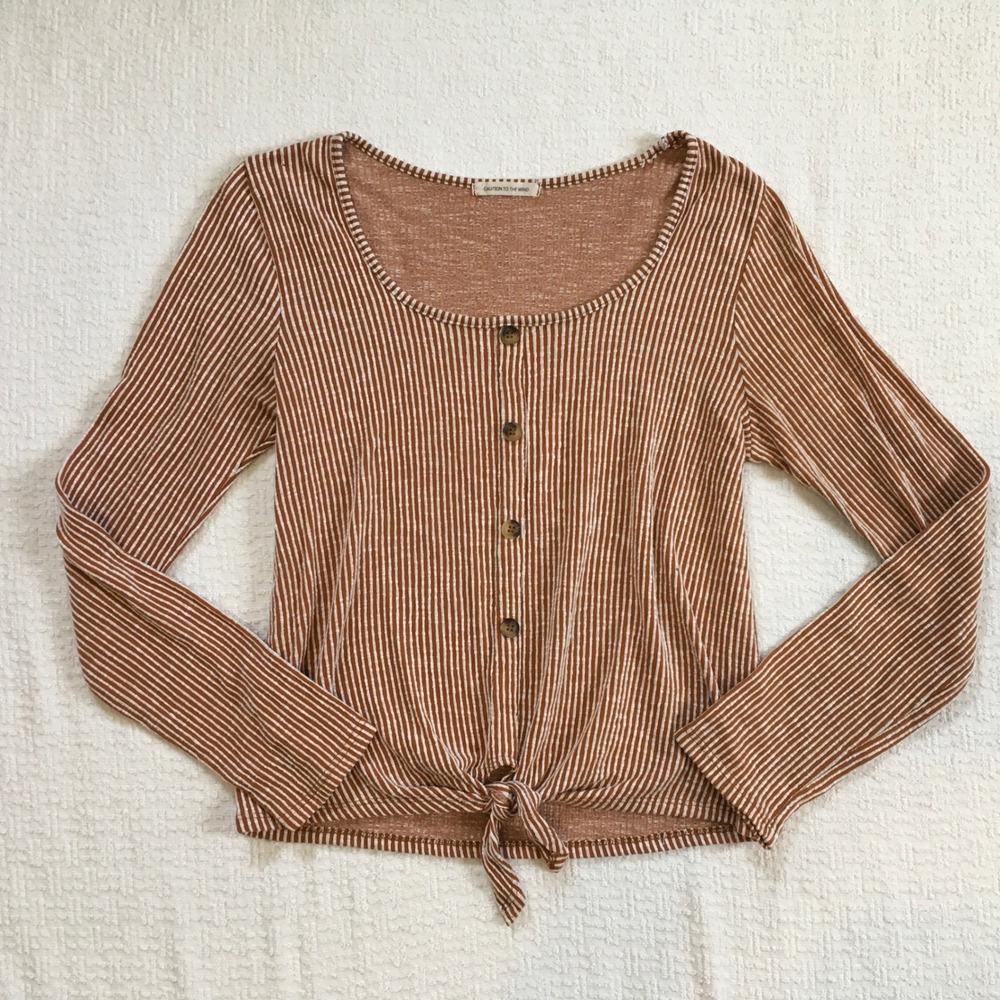 Womens L Striped Boho Tie Waist Long Sleeve Top‎ Beachy Coastal